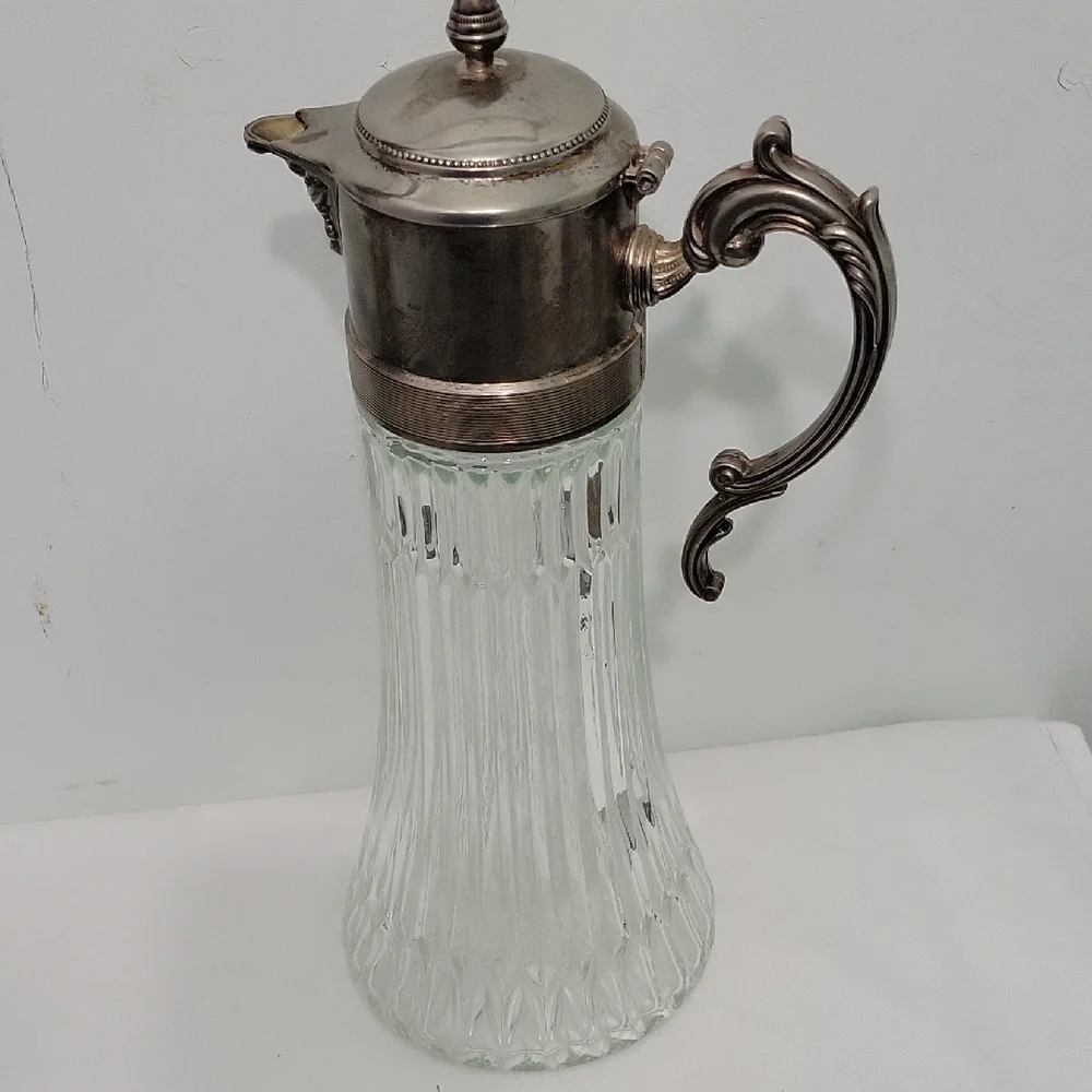 Vintage Silverplate and Crystal Glass Carafe Pitcher